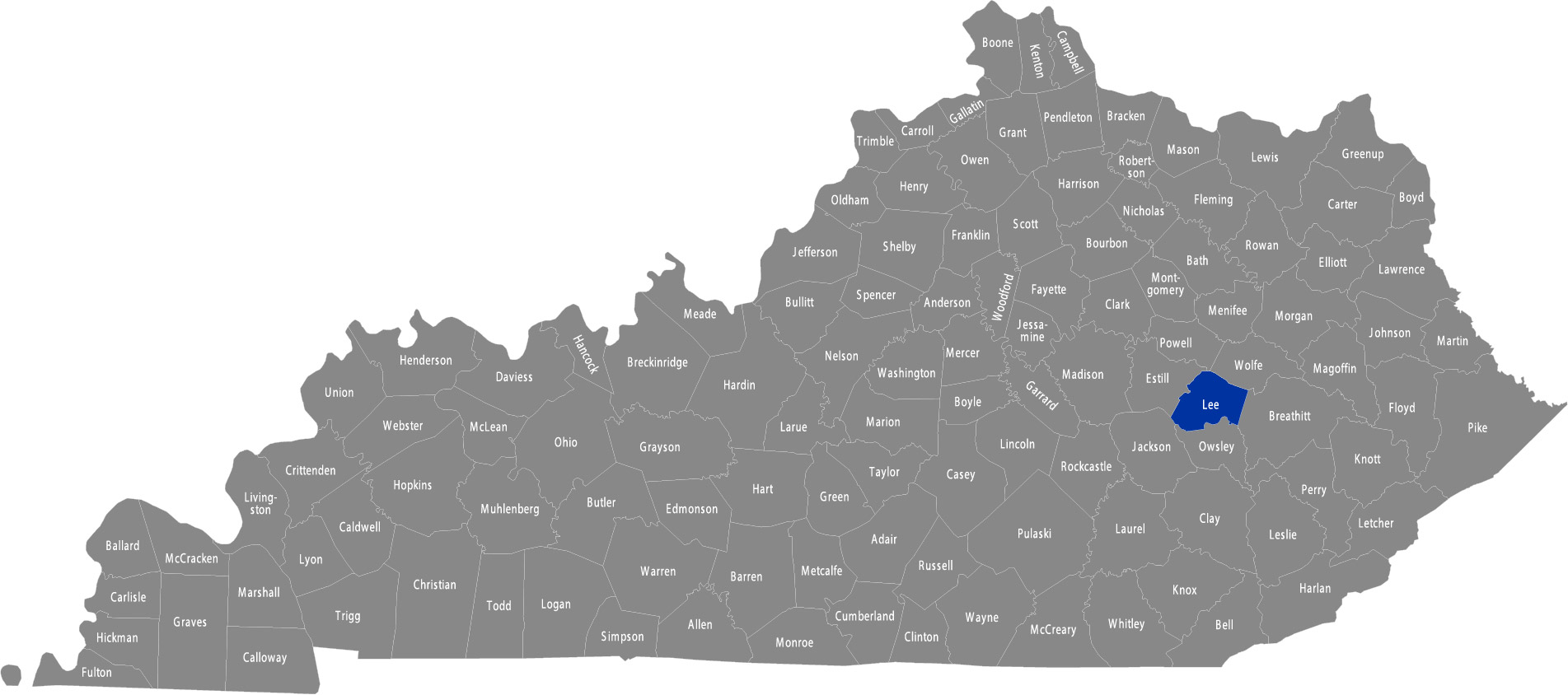 State of Kentucky map with Lee County highlighted